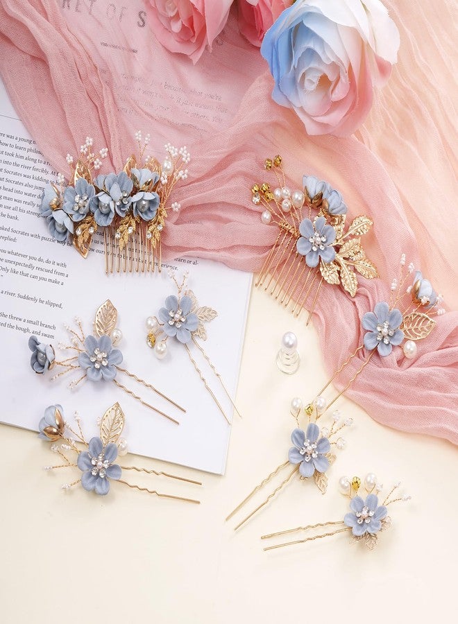 Rbenxia 20pcs Bridal Flower Wedding Hair Pins, Crystal Pearl Hair Clips Headpiece, Vintage Wedding Hair Accessories Jewelry with Rhinestone for Brides Bridesmaids Women Girls Updo(Dusty Blue) - Image 2